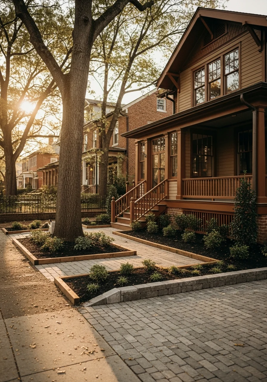 Professional working on an Atlanta property with urban architecture and landscaping in the background.