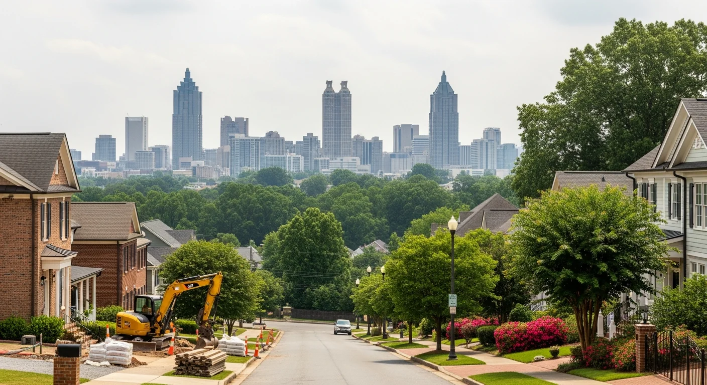 Atlanta skyline with modern buildings and tree canopy visible from a residential neighborhood perspective.