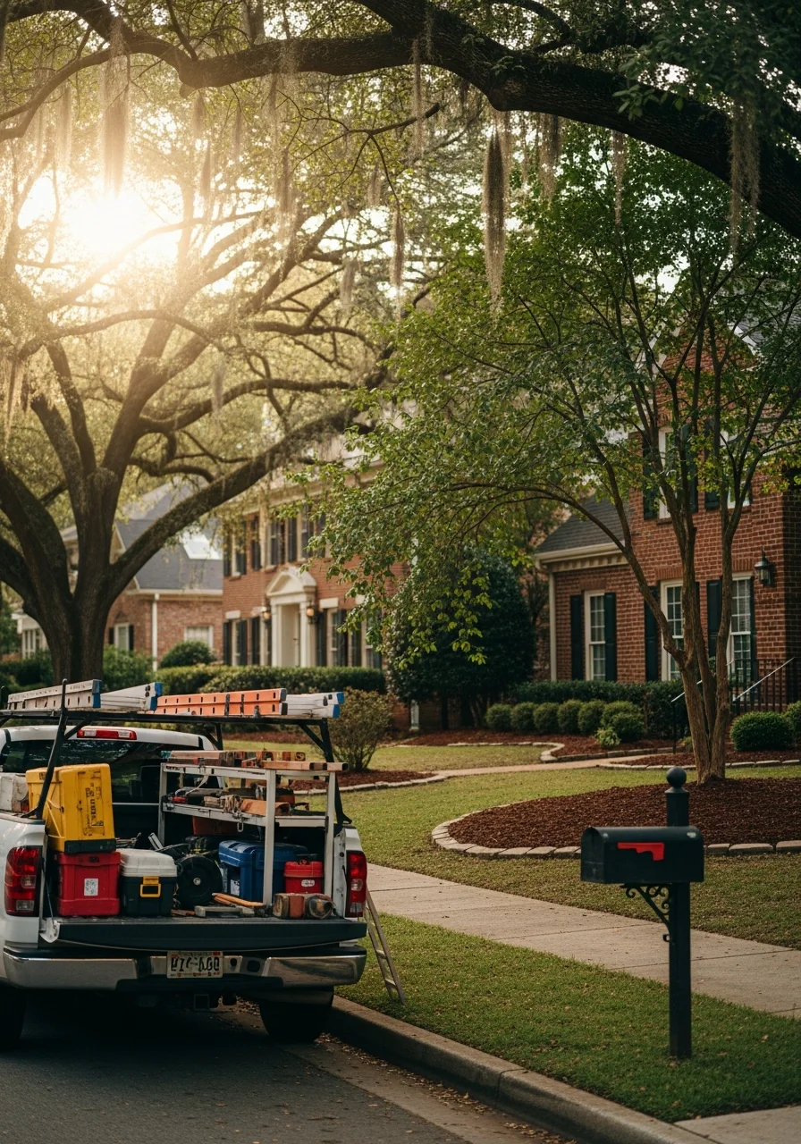 Professional working on a Rockdale County residential property with established homes and mature landscaping in the background.
