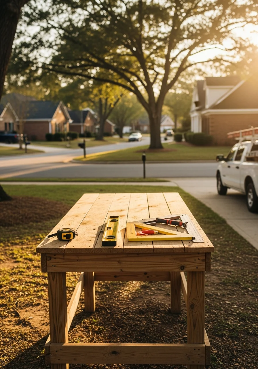 Skilled worker on a residential property in a Newton County neighborhood with established homes and landscaping.