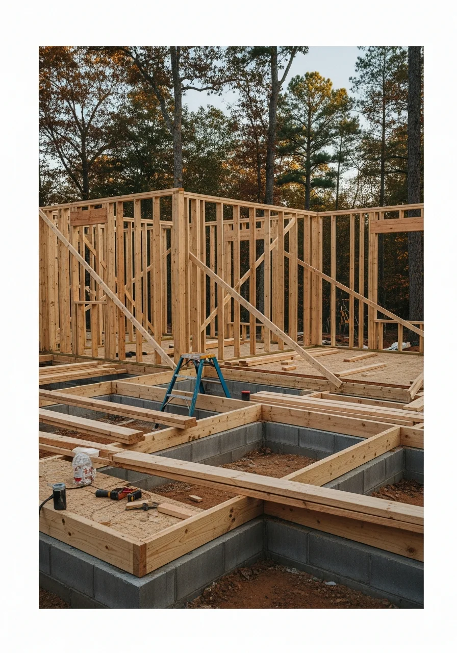 Skilled tradesperson working on a Hall County property with natural terrain and mature trees in the background.