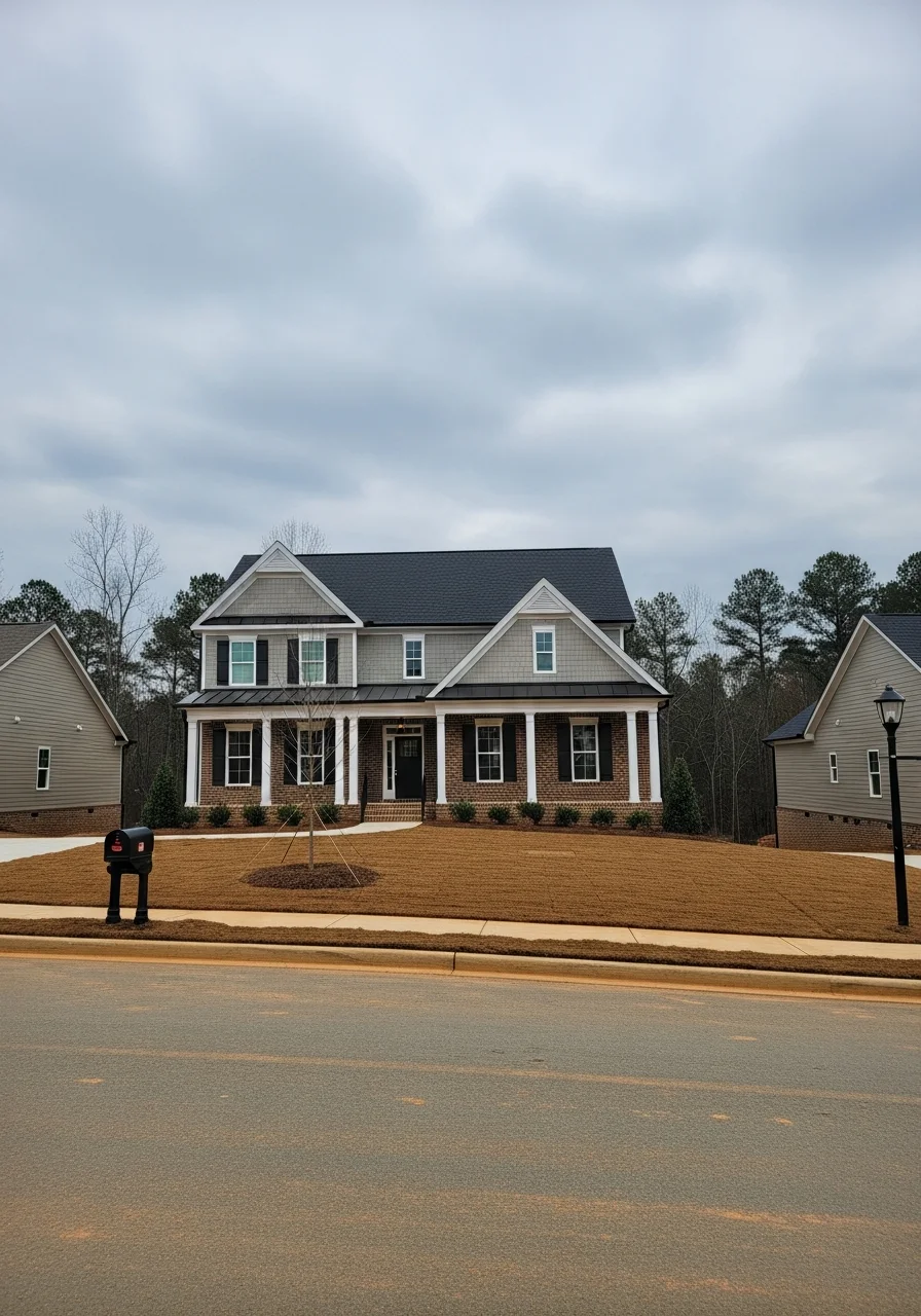 Contractor inspecting a residential property in a Gwinnett County neighborhood with new construction homes nearby.