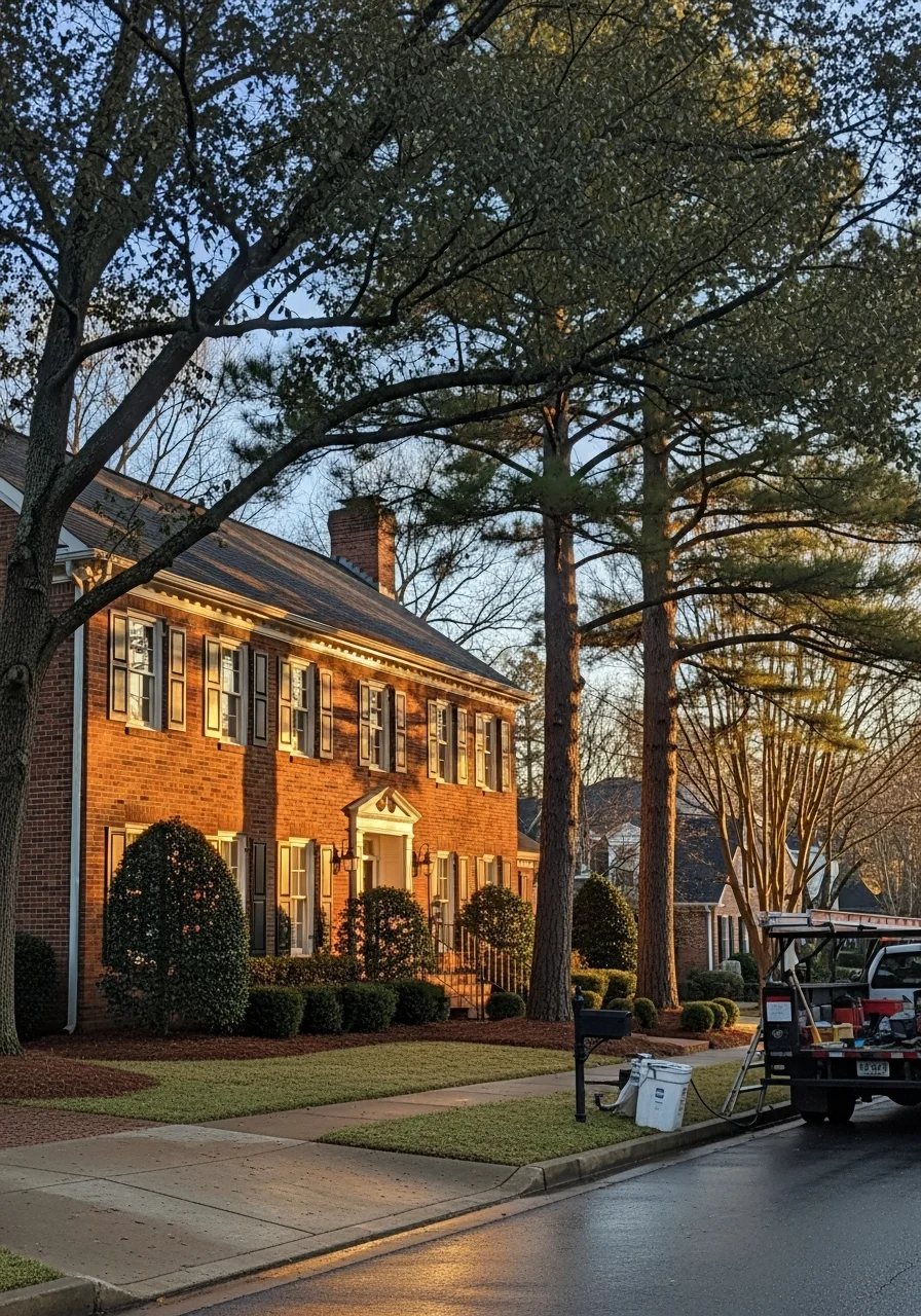 Craftsperson working on a residential property in a Marietta neighborhood with mature trees and brick homes.