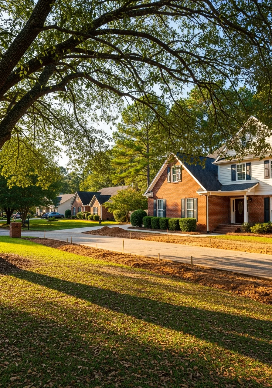 Professional contractor working on a Henry County residential property with suburban homes and mature trees visible.