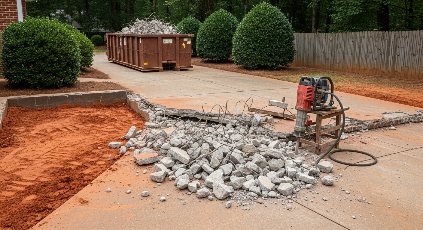 Broken concrete driveway slab being removed from a residential property in Marietta, Georgia, with debris staged for hauling. A cleared dirt surface is visible where the old concrete has been lifted.