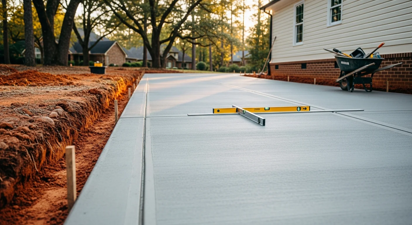 Freshly poured and broom-finished concrete driveway at a single-family home in Marietta, Georgia. The slab runs from the street to a two-car garage with clean formed edges and no visible cracking.