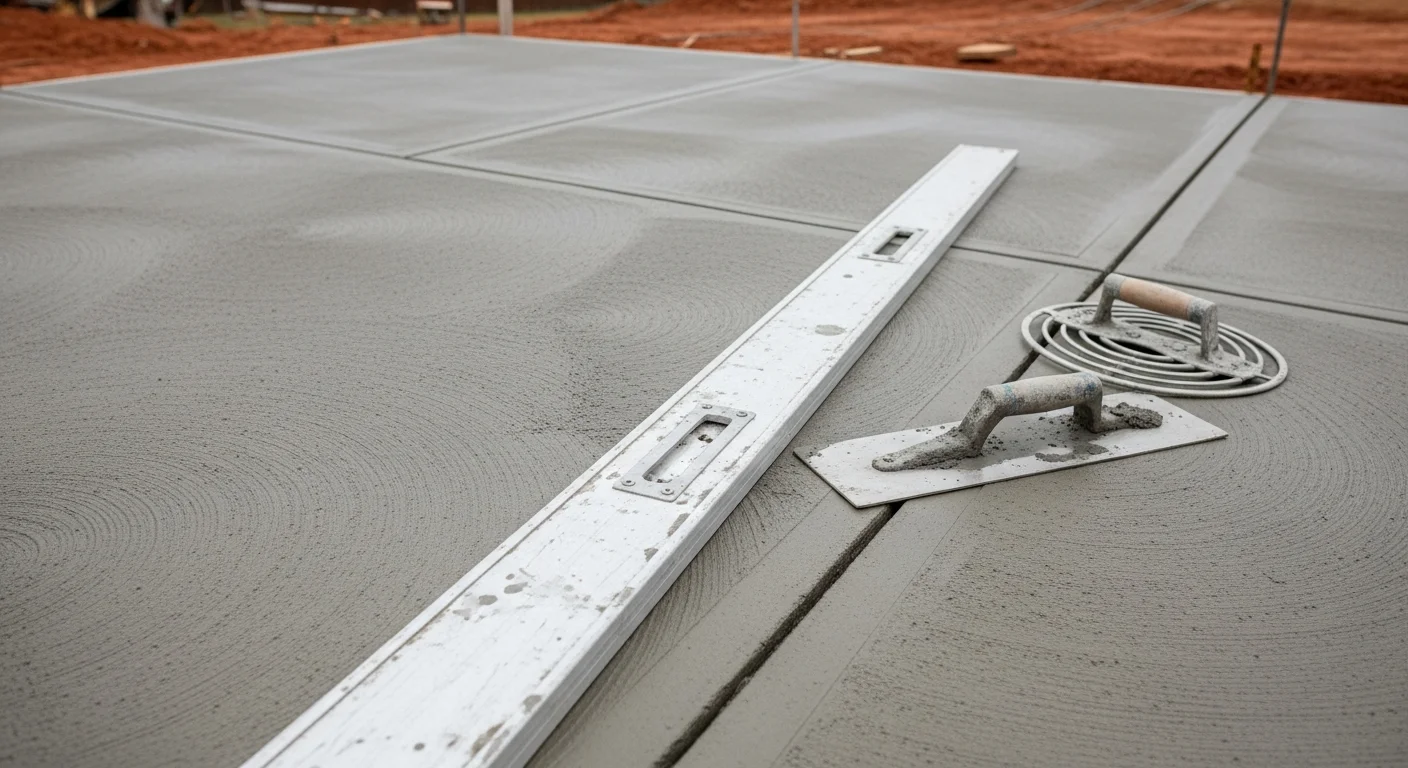 A freshly broom-finished concrete driveway at a residential property in Marietta, Georgia, with clean edges and visible control joints. The surface shows a uniform gray texture with proper slope away from the garage.