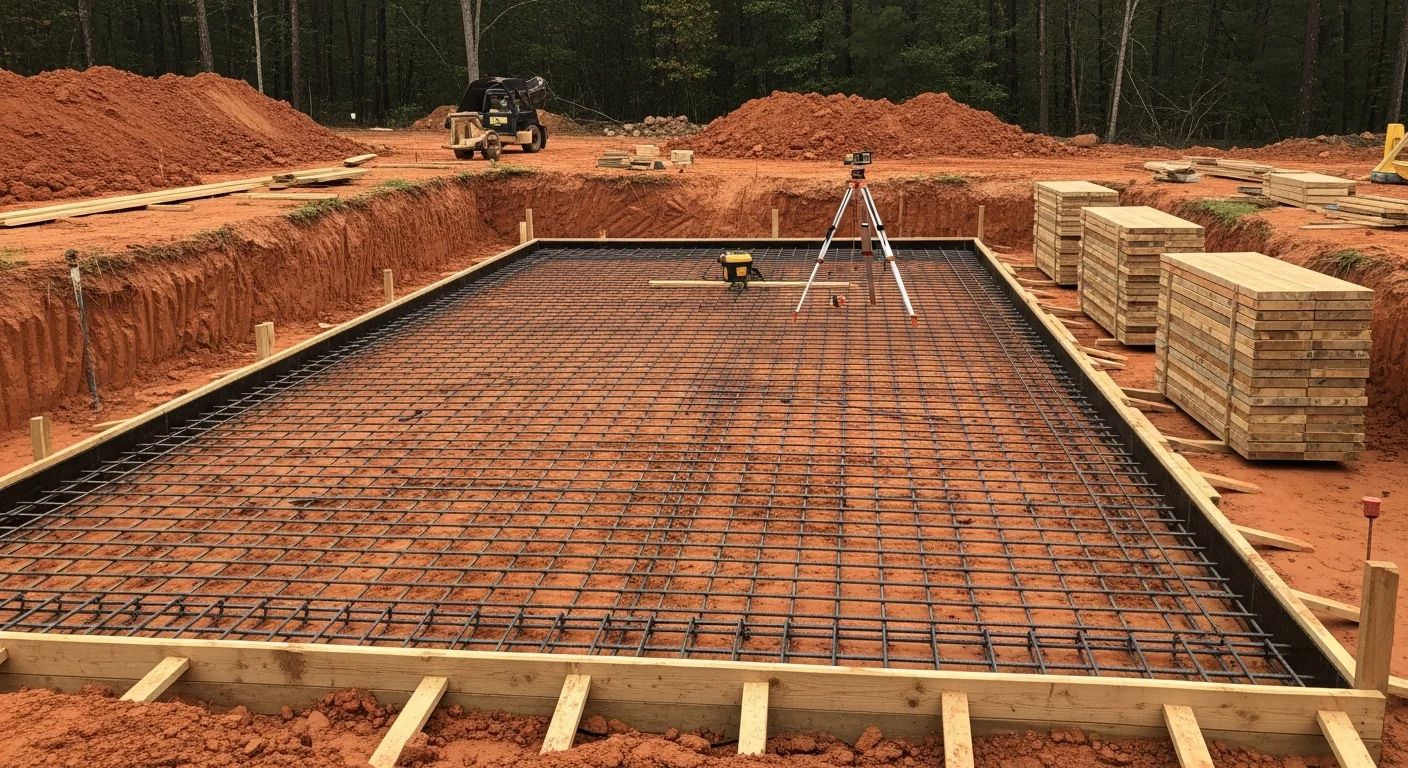A freshly poured and finished concrete slab foundation at a residential new construction site in Marietta, Georgia, with visible rebar reinforcement at the thickened perimeter edges. The surrounding red clay soil has been graded and compacted in preparation for framing.