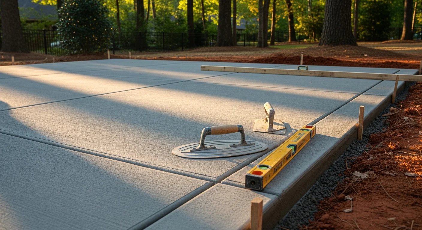 A newly poured concrete patio behind a residential home in Marietta, Georgia, with a broom-finished surface and clean formed edges. The slab is level and slopes slightly away from the house foundation to direct water drainage into the yard.
