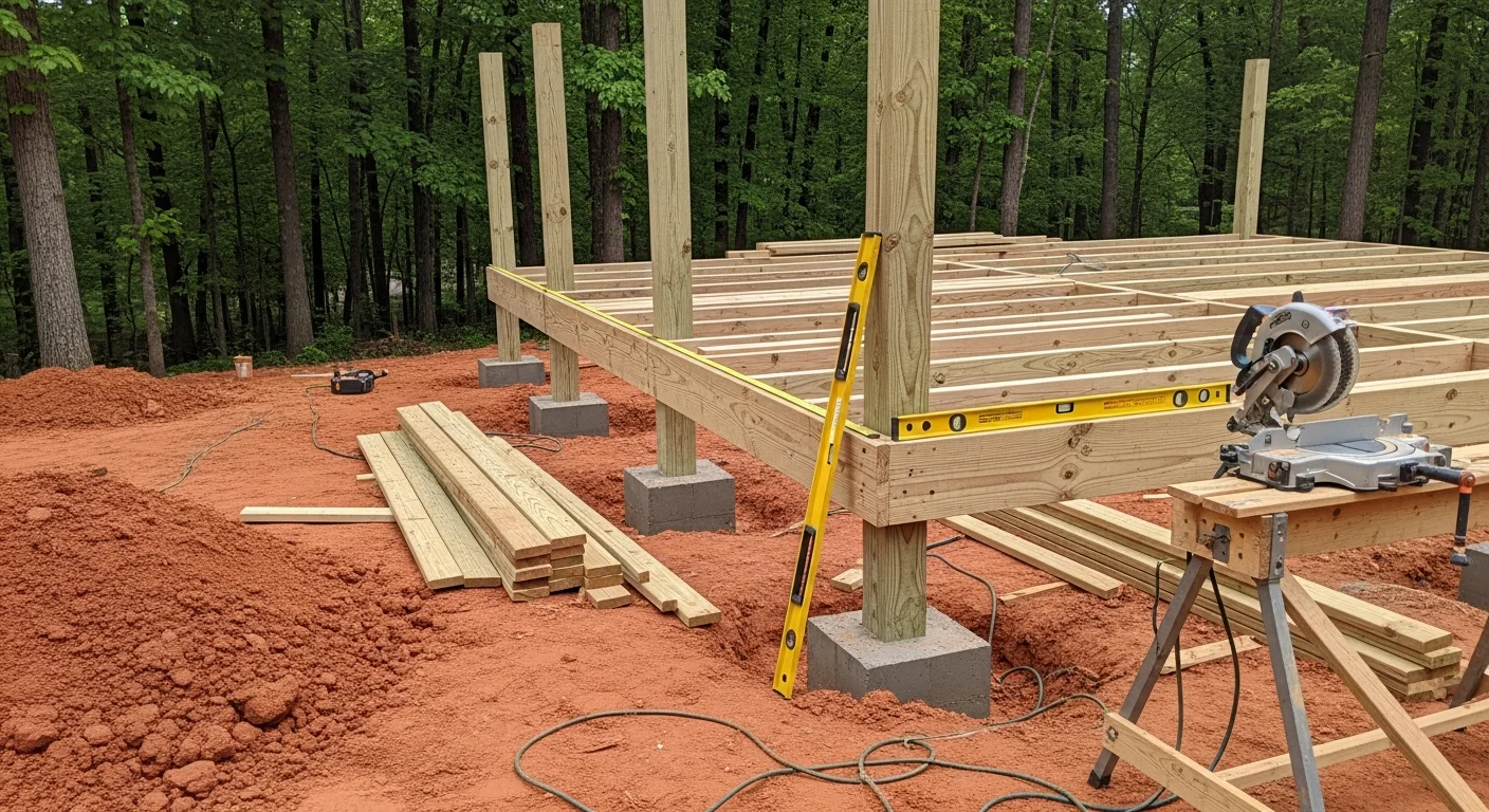 A newly built custom wood deck attached to the back of a single-family home in Marietta, Georgia, with stairs leading down to a shaded backyard. The deck features a railing system and open framing visible beneath the structure.