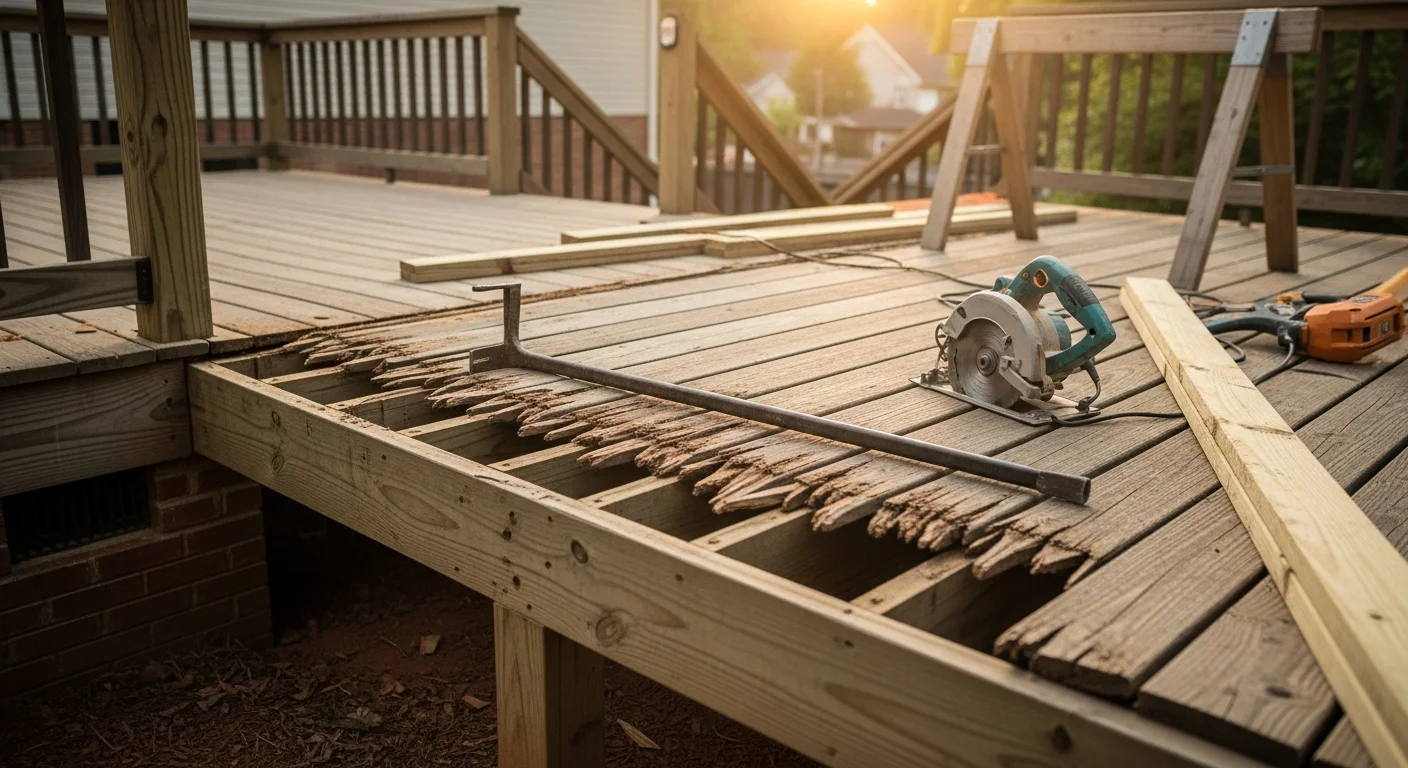 A repaired backyard deck on a Marietta, Georgia home showing replaced boards, secured railings, and a clean wood surface. The deck is attached to the rear of a residential home with a wooded backyard typical of Cobb County properties.