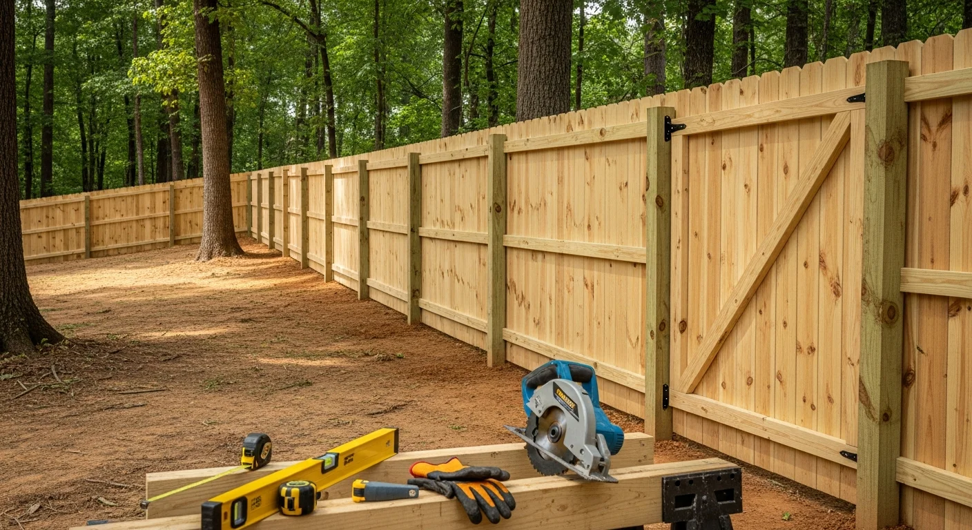 A newly installed wood privacy fence running along the backyard of a residential property in Marietta, Georgia, with panel faces finished outward and posts set level on a gently sloped lot. The fence encloses a green backyard with mature trees visible in the background.