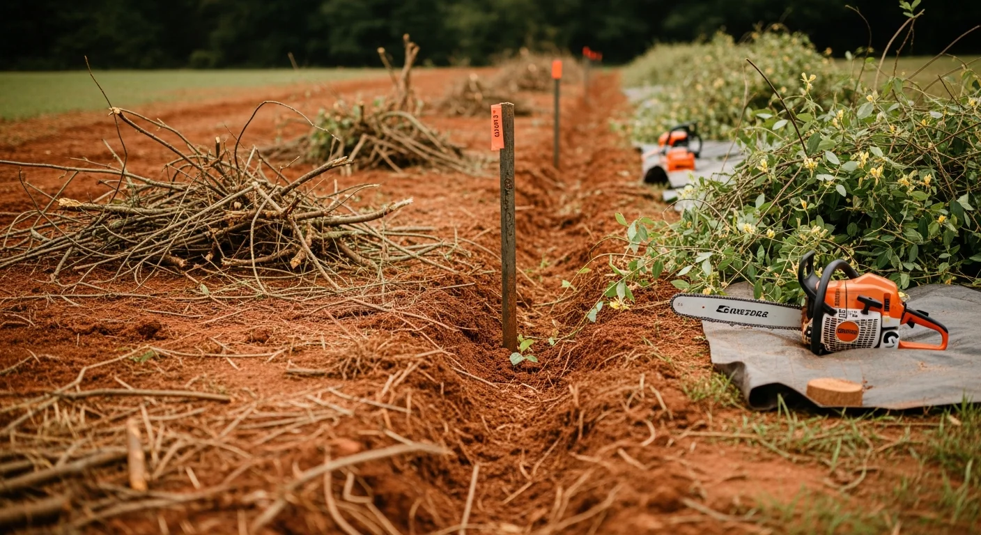 A cleared fence line along a residential backyard in Marietta, Georgia, with brush, vines, and saplings removed to expose bare ground ready for fence post installation. The property line runs straight and open with no overgrowth blocking the path.