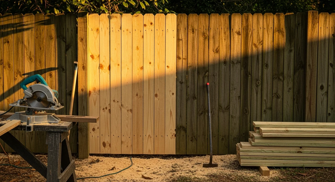 A repaired wood privacy fence with replaced boards and a reset post in a residential Marietta backyard. The repaired section matches the surrounding fence panels with consistent board spacing and a level top rail.