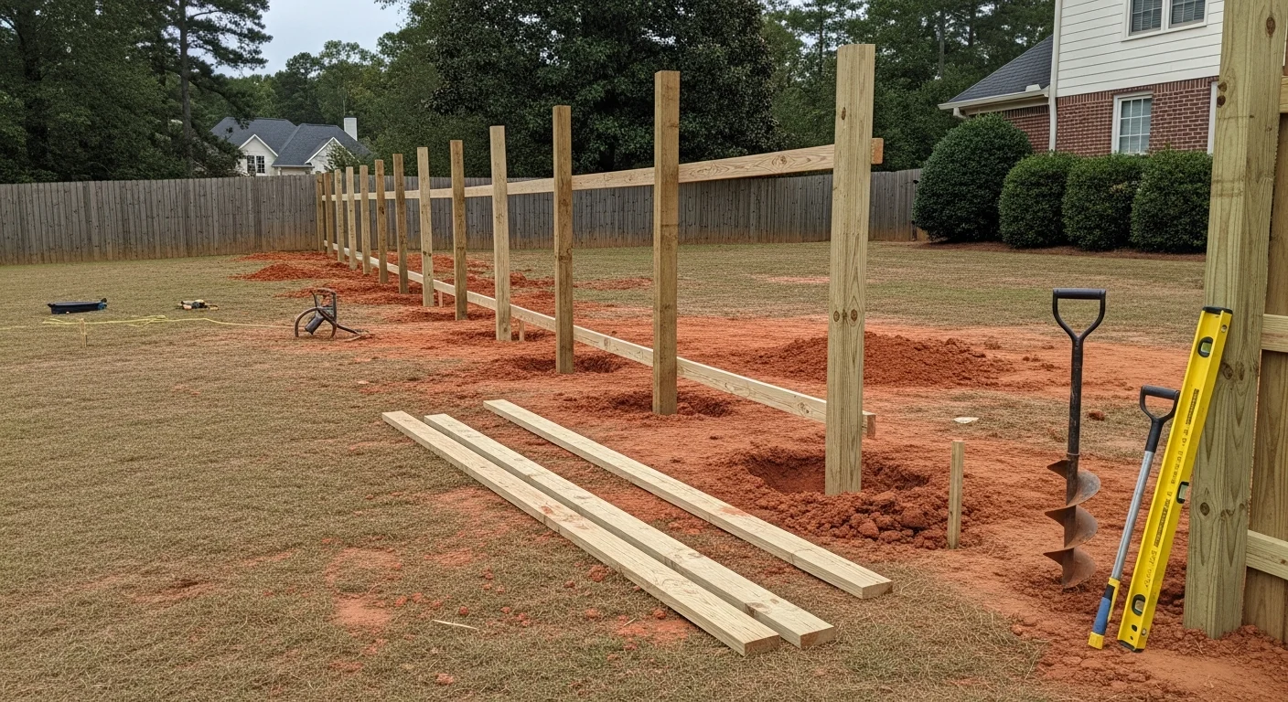 A newly installed wood privacy fence along the backyard boundary of a residential home in Marietta, Georgia, with straight post alignment on a gently sloped lot. The finished side faces outward toward the neighboring property, consistent with Marietta city fence regulations.