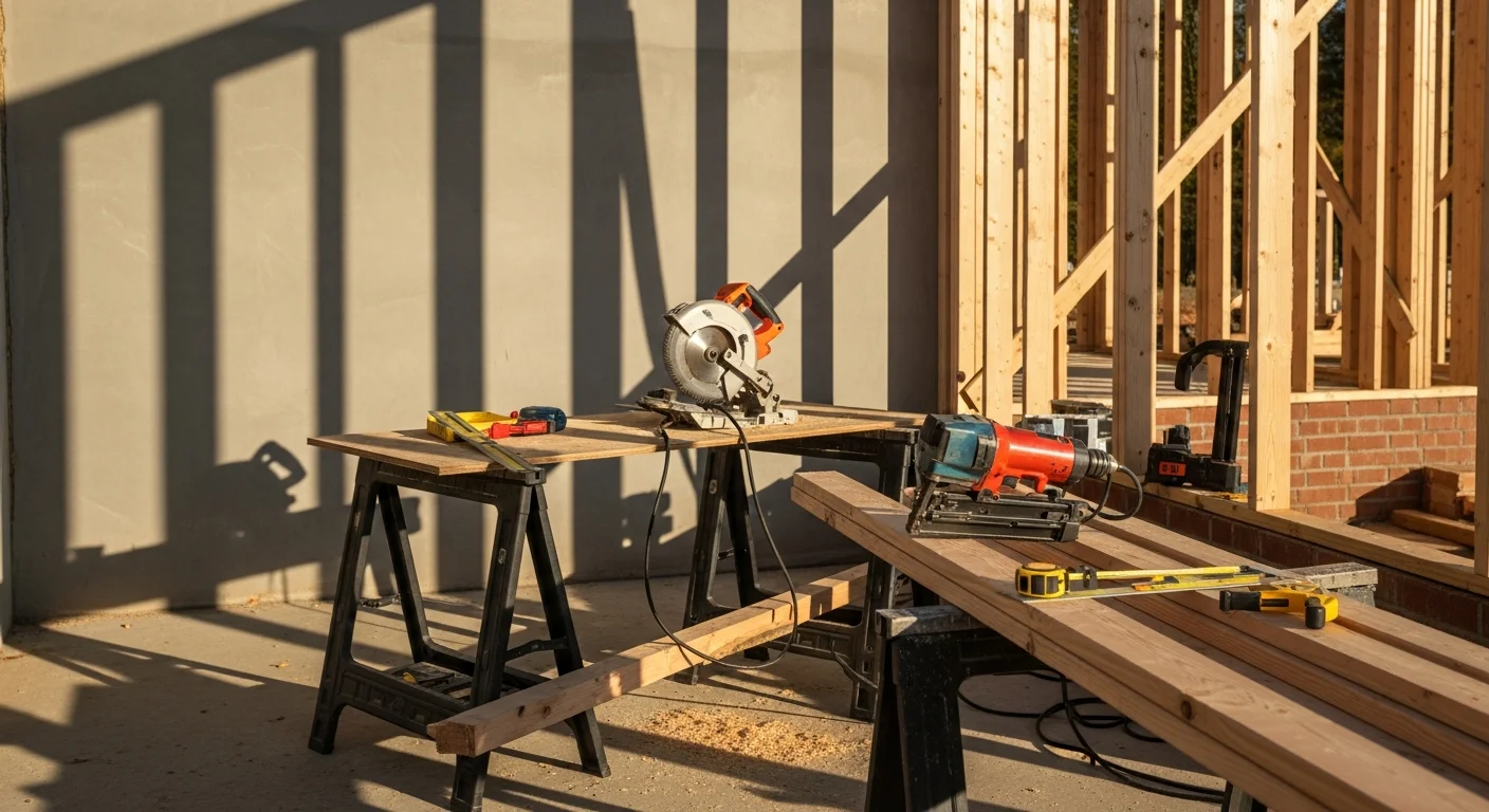 Wood wall framing in progress on a residential addition in Marietta, Georgia, showing vertical studs, horizontal plates, and a window rough opening. A general contractor reviews the structural layout against plans on a Marietta jobsite.