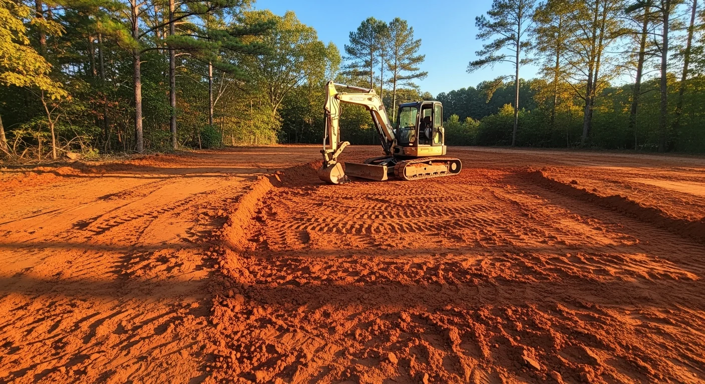 A residential lot in Marietta, Georgia being graded with heavy equipment, showing freshly leveled red clay soil sloped away from a home foundation. The site is cleared and prepared for construction with visible grade changes across the yard.
