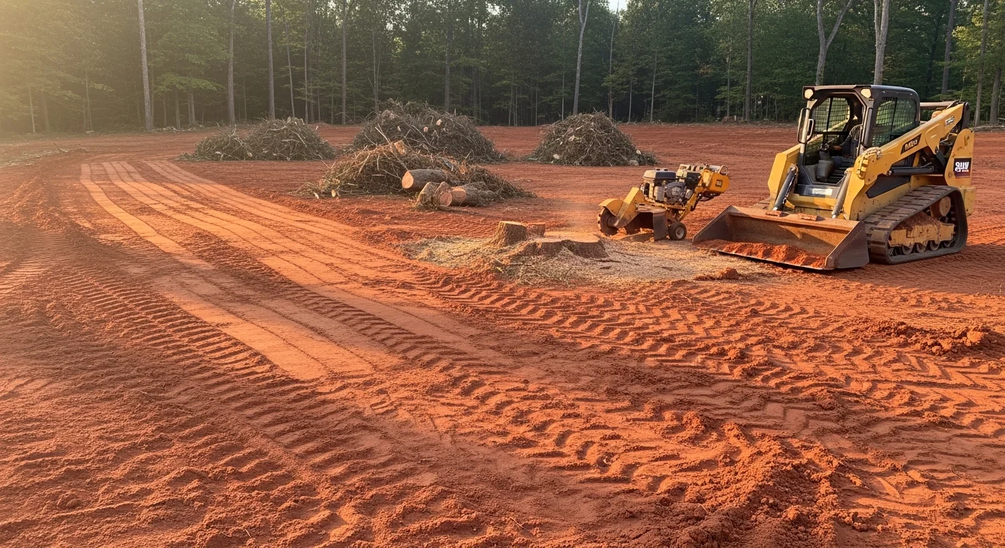 A freshly cleared and graded residential lot in Marietta, Georgia, with red clay soil leveled and all trees, stumps, and brush removed. The site is ready for foundation work with erosion control measures visible along the perimeter.