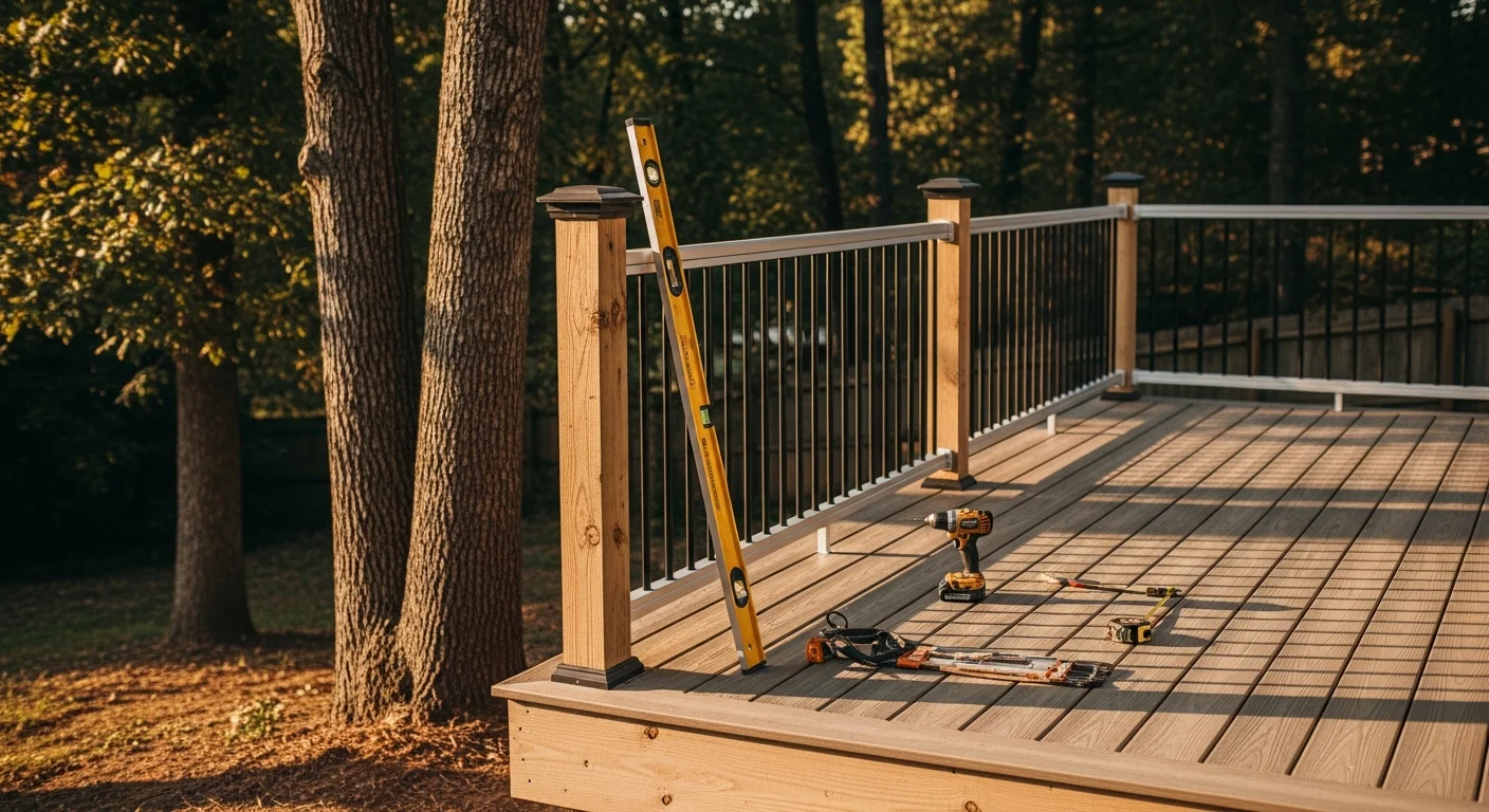 A custom multi-level deck and covered patio built by Wright The Builder, LLC on a sloped Marietta backyard, featuring a shaded lounge area and open dining space surrounded by mature trees.