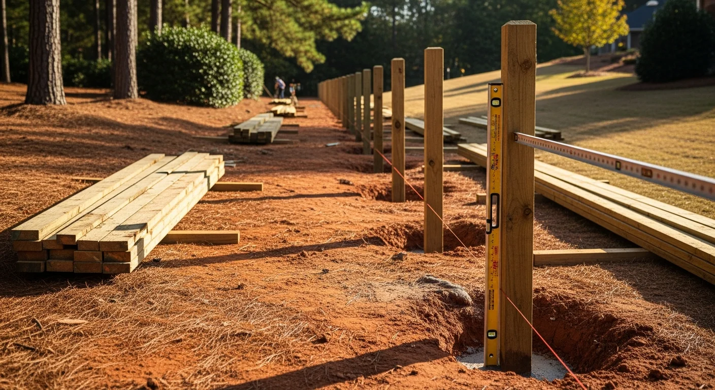 A newly installed residential privacy fence along the backyard perimeter of a Marietta, Georgia home, with wood panels set plumb on a gently sloped lot. The finished side faces outward per Marietta city code, with green tree cover visible in the background.